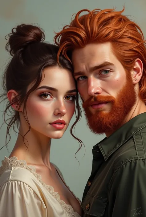 Girl with brown hair tied up and boy with red hair and beard