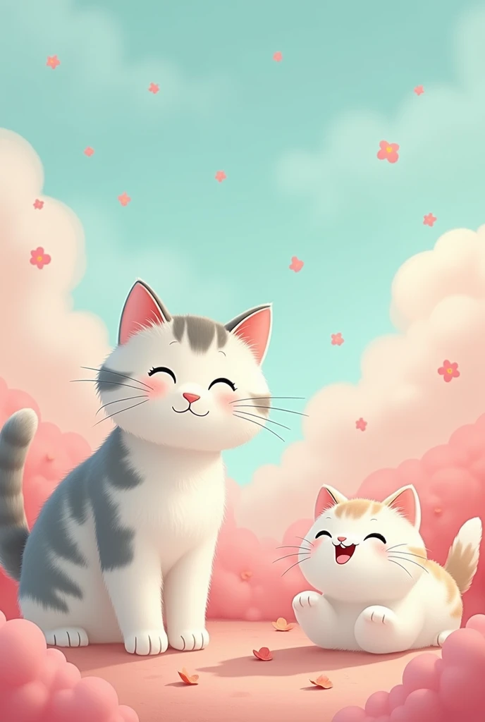  Give me an image for a TikTok account about cats with the following color palette 
- Background:  In the first frame .
 - Main Elements :  Pastel pink and light blue .
- Details:  mint green and soft yellow .
- Contrasts :  Touches of black and orange .
