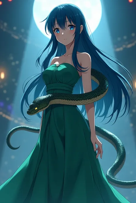 Anime girl, long dark blue hair, blue eyes, wearing a green dress with a long skirt, big breasts, a giant snake on her shoulders, standing in front of the stage.