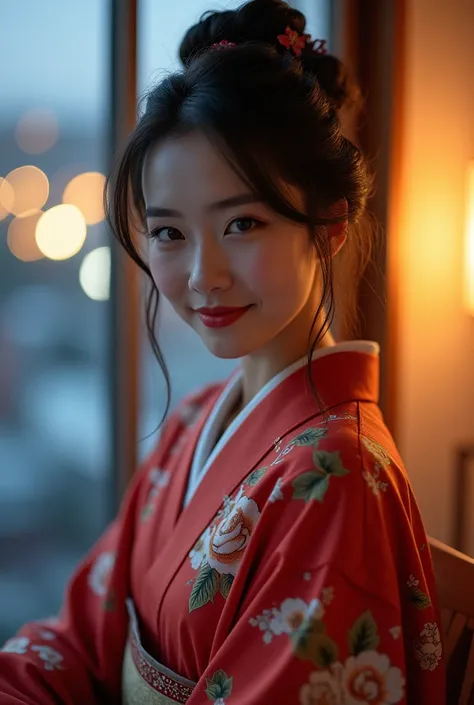 Realistic,  unique ,  Beautiful Japanese Woman , Traditional Kimono, Natural Graphics,  soft smile ,  Impressive eyes , Traditional hairstyle, Japanese-style room at dusk , Sitting by the window, Illuminated by city lights, (  charming posture), Profession...