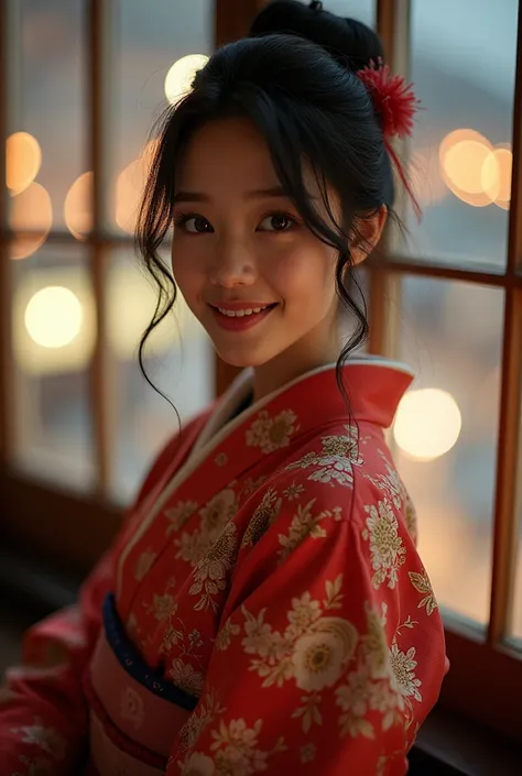 Realistic,  unique ,  Beautiful Japanese Woman , Traditional Kimono, Natural Graphics,  soft smile ,  Impressive eyes , Traditional hairstyle, Japanese-style room at dusk , Sitting by the window, Illuminated by city lights, (  charming posture), Profession...