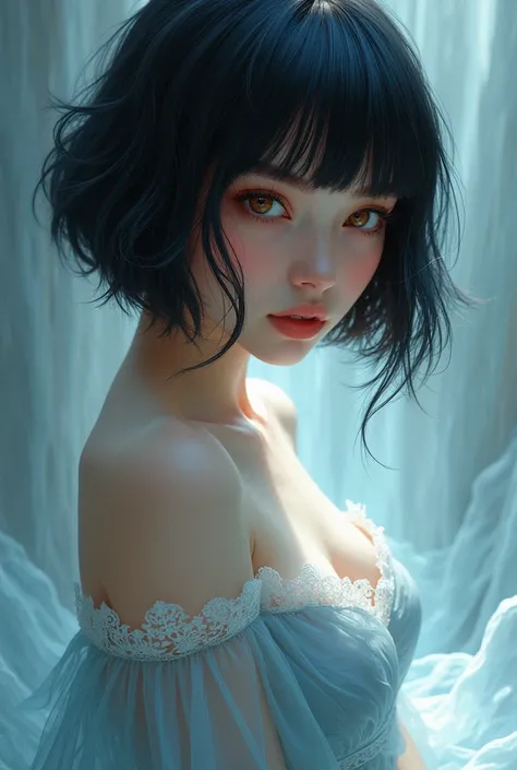 *"A breathtaking artistic illustration of a Belgian woman, a divine and mythical muse with short, very straight black and copper hair, flowing gently as if caught in a light breeze. Her hazel-colored gaze is enchanting, filled with desire and passion, symb...