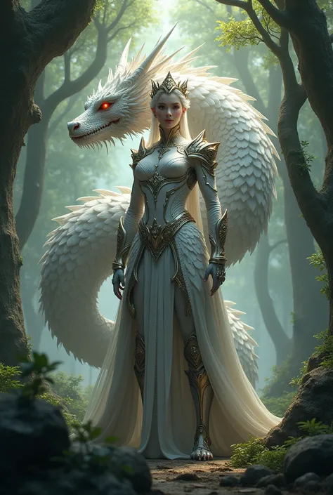 Create a 3D art  of an ancient dragon queen and with the White dragon with fierce red hot eyes with the forest and Tall trees as the background ( size of image should be 30cm by 20cm)