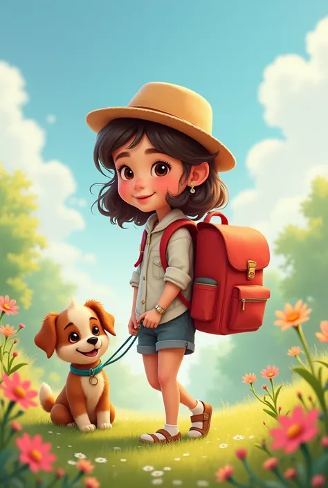  a very charming  ，Carrying a backpack， and her adorable puppy  (hoarse) Enjoying a spring outing ， surrounded by beautiful flowers and nature. 4K resolution,  HD, illustration,  very detailed , Facial features, Cartoon, visual effects.  