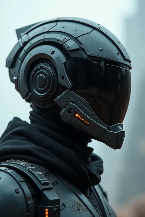 A man with a futuristic helmet, only the helmet is futuristic, you cannot see his face, helmet with visor