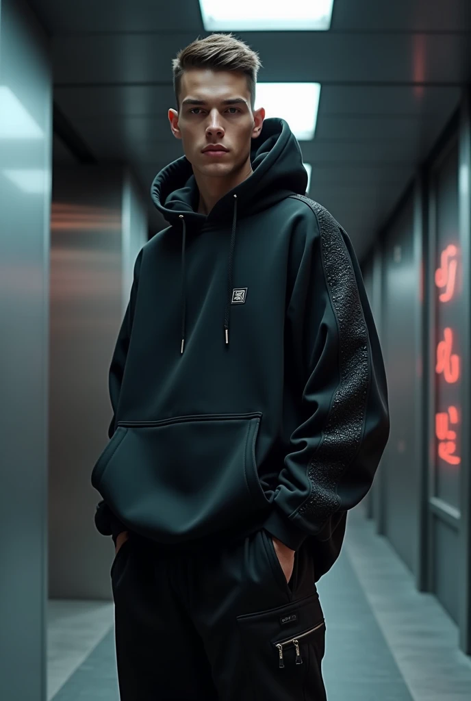 A confident male model showcasing a bold, oversize streetwear outfit from the brand CAP. Both the hoodie and joggers are designed in an oversized fit, reflecting a relaxed yet stylish vibe. The hoodie is made of premium, matte black fabric with intricate, ...