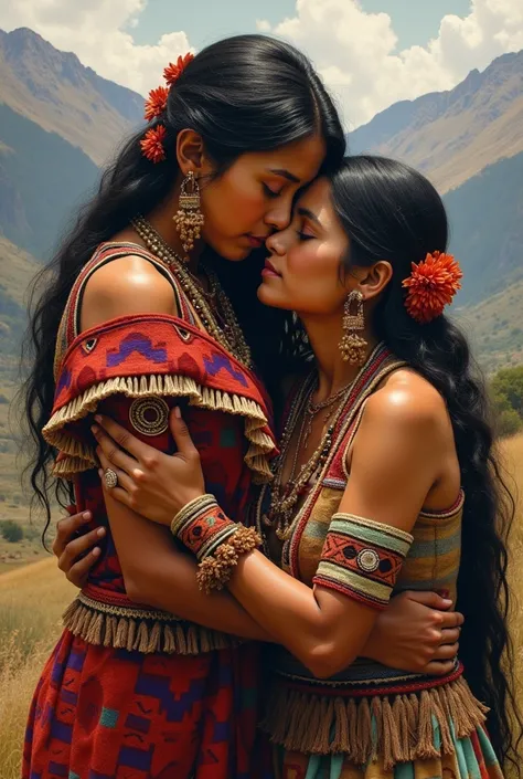 Aymara indigenous woman embraced by another Quechua 