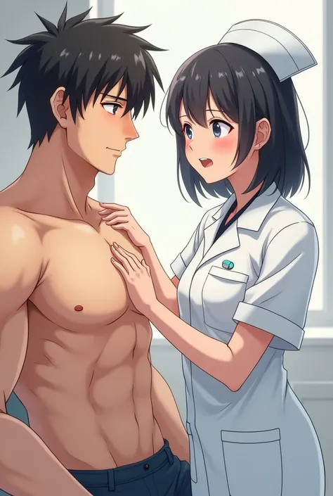  gal、Japanese White nurse、 Obedience Poses to Tighten Your Armpits
、Smile face、High image quality、Across the patient、((Nurse palpating macho mans nipple:2.0))