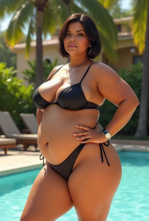 Latina milf, 40 years, short hair, extrem big breasts, bikini, thick hips and thighs. Big thighs. Midaged. Curvy 