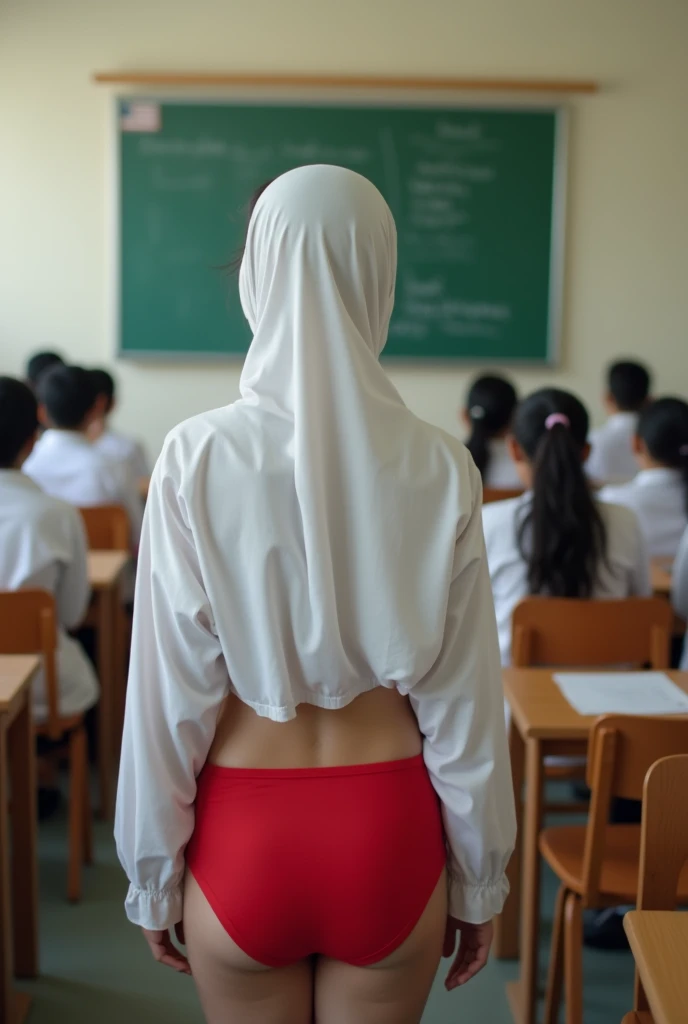 Indonesian schoolgirl hijab, white shirt, red bloomer, classroom, visible naked ass