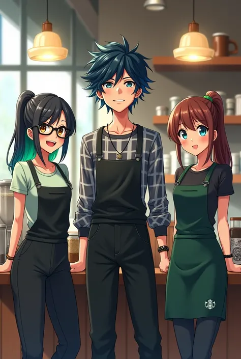 One slender anime man. Two anime woman. The man and women are standing behind a counter. The man is in the middle of the two women. Man has medium length curly floppy hair, man has half black hair, half blue hair, man has half black half green hair, two to...