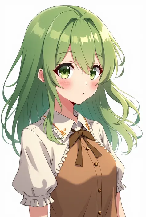 Create an anime character with a brown and white themed blouse with a white background and green hair