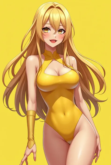 anime girl, yellow hair, yellow leotard ,  yellow lipstick, Sperm comes out of her vagina