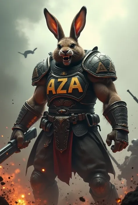 Pissed rabbit warrior with the letters AZA large on his armour 