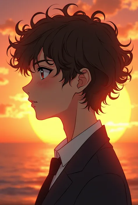 A 17-year-old boy who is 177 years old brown curly brown-haired from a sunset who dresses well profiled face looks like an anime 