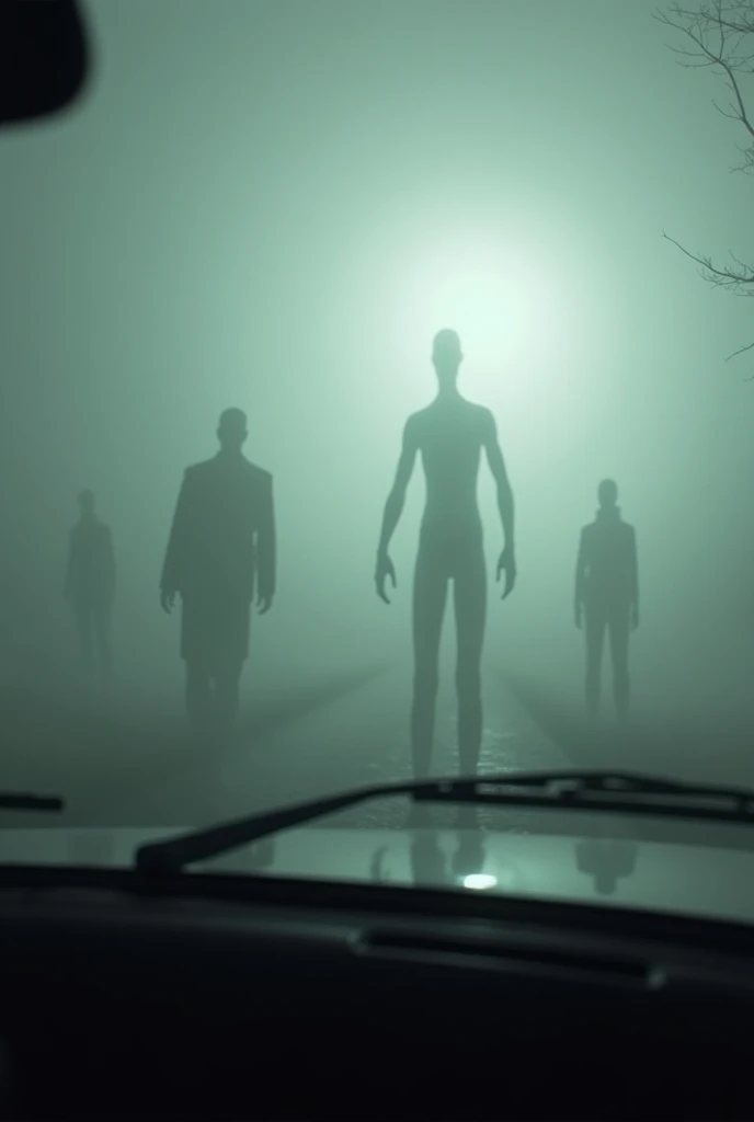 "From inside the old car, the dense fog outside begins to shift subtly. Faint, elongated shadows start to move within the fog, just beyond the windshield. Their forms are indistinct, as if humanoid figures are lurking but never fully materializing. The han...