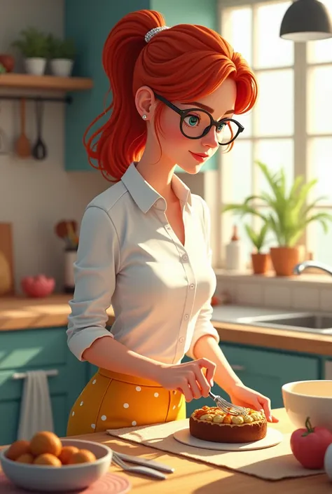 Woman in a white shirt with red hair and with glasses with mustard-colored pants and white dots, making cake