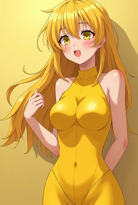 anime girl, yellow hair, yellow leotard ,  yellow lipstick, Sperm comes out of her vagina