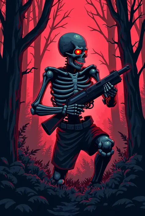 give me pixelated vector art of  savage neon skeleton holding a gun  with black and red forest whole image should be pixelated