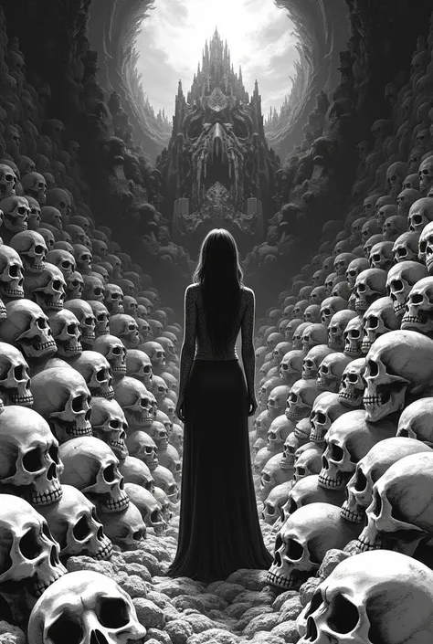 Outside of a woman standing at the front, a perspective slightly from below which is all made of human skulls whole made in drawing style something like a tattoo