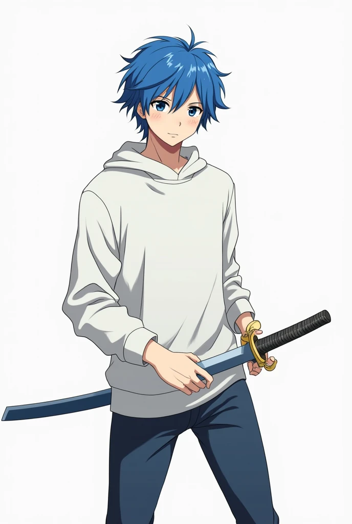 Create an anime character man in a sweatshirt with a white one and a white background and blue hair and sword