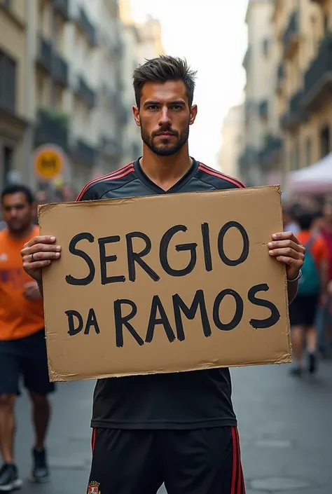 Sergio Ramos is standing with a sign that says 