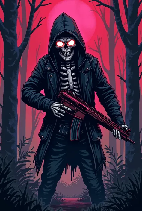 give me pixelated vector art of  savage neon skeleton with hoodie like cyberpunk  holding a gun  with black and red forest whole image should be pixelated