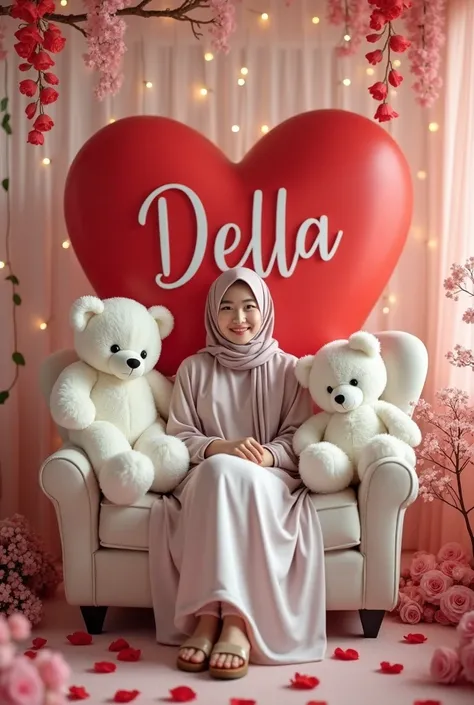 A korean is relaxing on the chair in front of a big red heart that says " DELLA " with a sprinkling of red rose petals,beautiful woman,nice black eyes,in hijab and long shinny dress,they sandals,hey were also accompanied by white teddy bears,roses,depicts ...