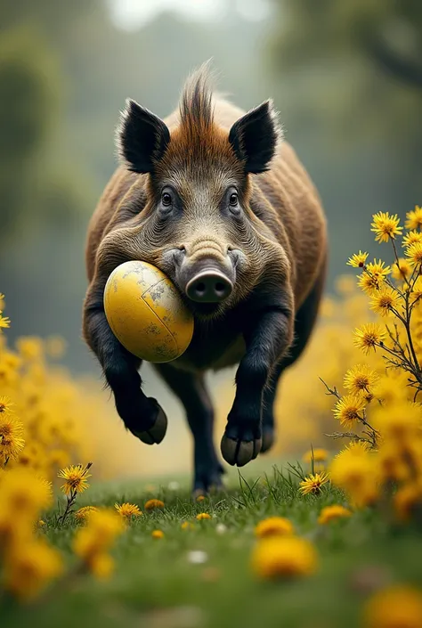 un sanglier
 rugby avec du mimosa et de leucalyptus 