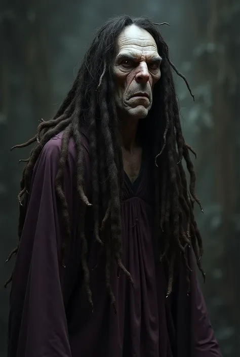  imagine a hunchbacked man wearing a purplish black robe,  with long black hair , What were some extremely brown-haired dreads .  their skin is pale and their appearance is unattractive 
