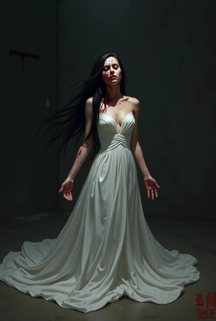 a woman dressed in white with black hair who reaches the floor who has bruises on her body and a cut on her neck