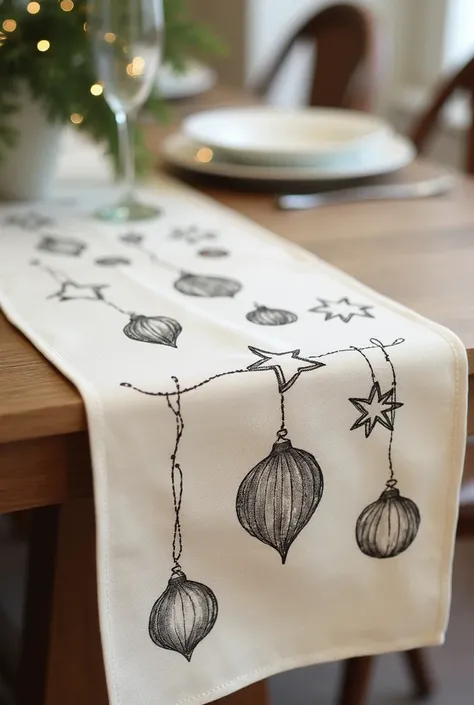 table runner in ecru color with drawings of Christmas tree ornaments