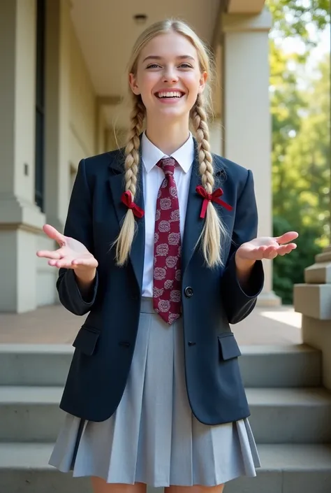 girl in school uniform, medium shot, outdoors.  Young woman with a light complexion, blonde hair styled with braids adorned with crimson ribbons, is gesturing with her hands while wearing a navy blazer and a light gray pleated skirt, accented by a maroon a...