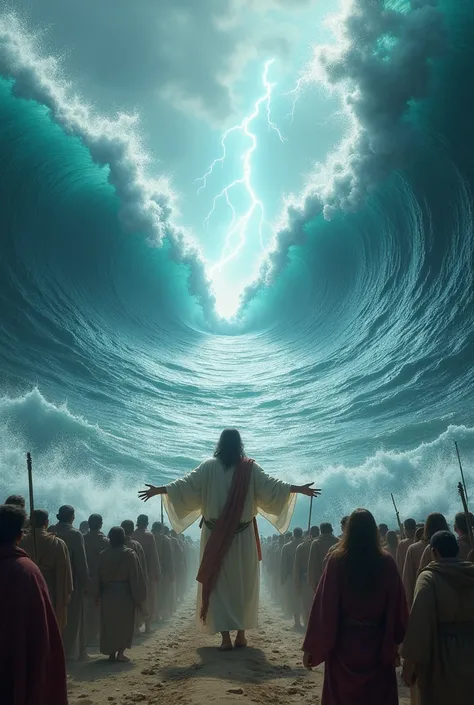 Moses crossing the Red Sea dry under lightning, The waves are 10 meters high and the people of Israel behind Moises