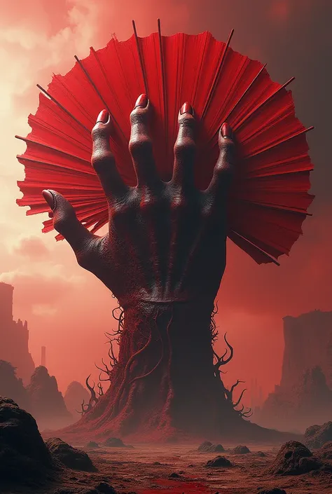 Make a giant blood-red hand-hinge fan 