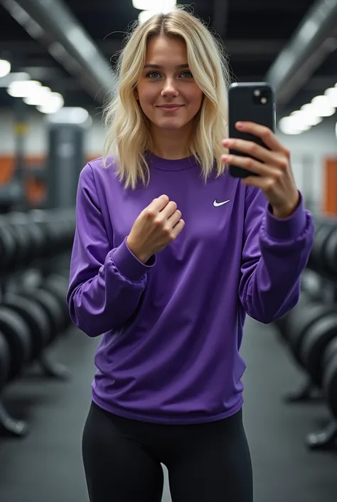 An 18-year-old girl taking a selfie,  blond hair,  Taking a Selfie at the gym,  medium hair sauna suit, white pele, academia,  Nike Purple Shirt , Bodybuilding clothing ,  high quality ,  high resolution , weight training venue , smallest details, standing...