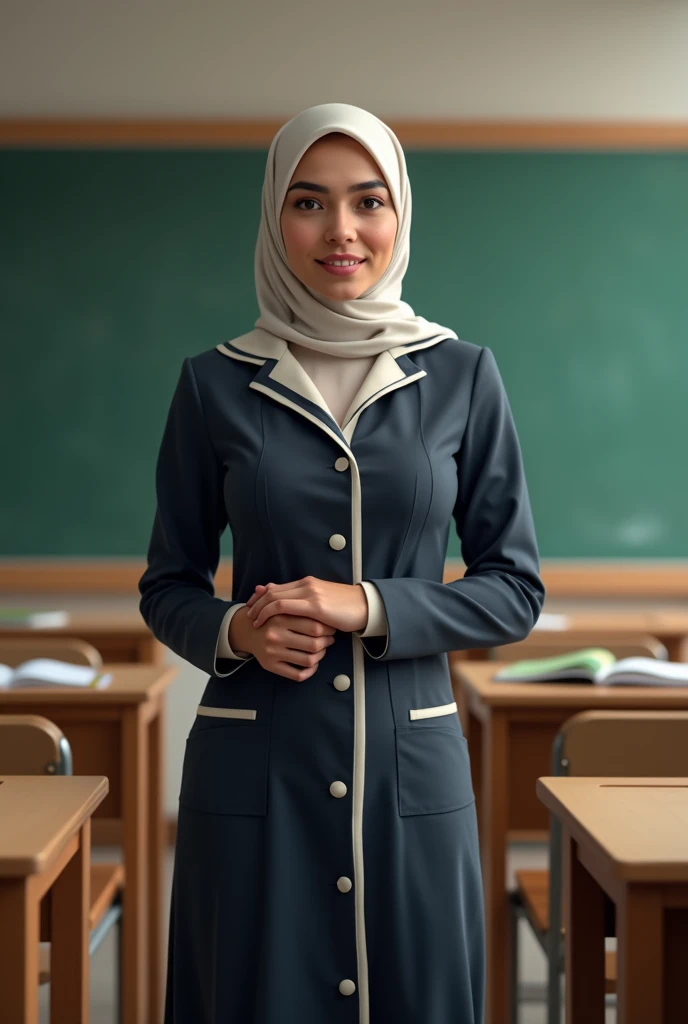 Secondary school Turkish teacher Design a slim dimple teacher with a hijab sports dress that is more realistic whether it is formal clothing in a classroom environment or for students when lecturing