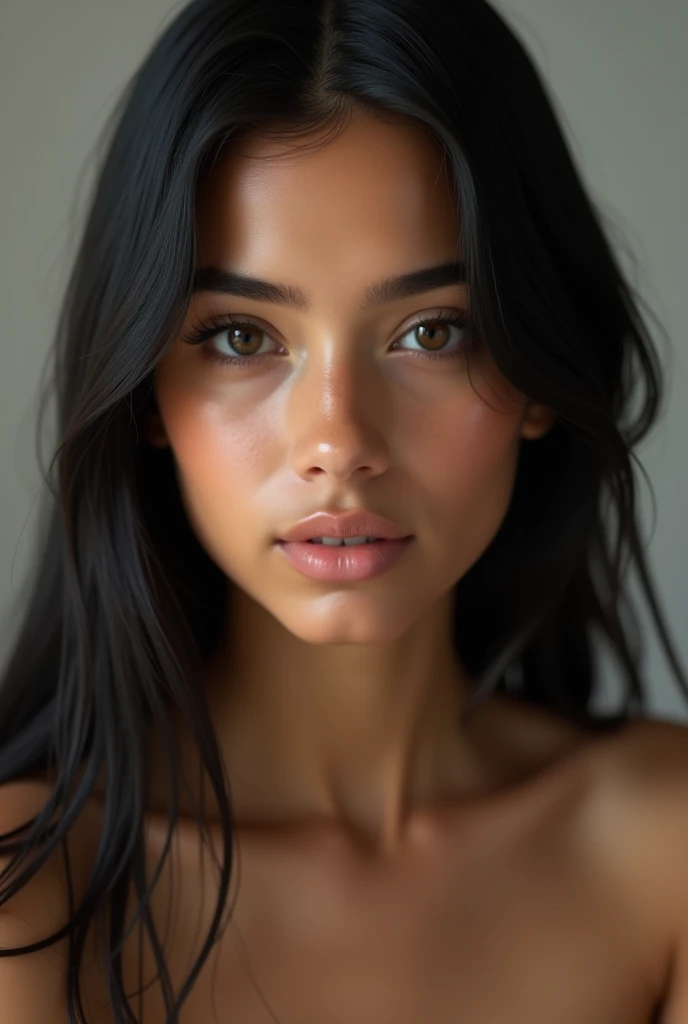 A skin photo of a new skinny white Brazilian woman with straight black hair and a girl photo for the skin only on her face 