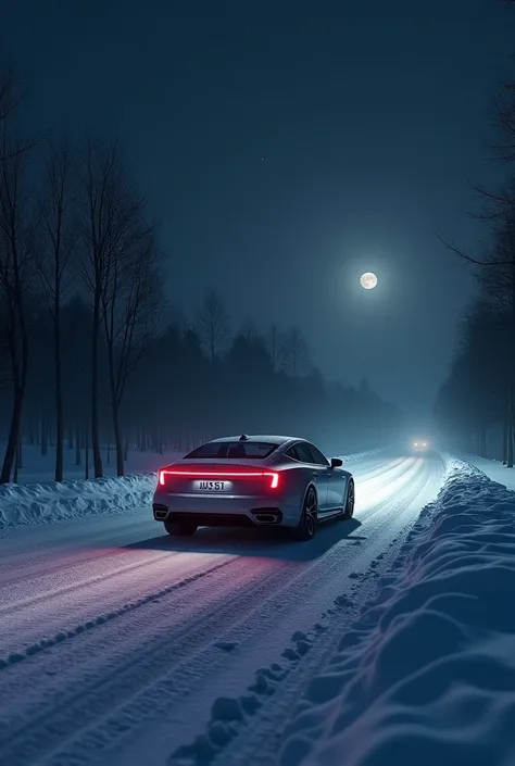 Create a realistic image of a car on a road at night in the snow 