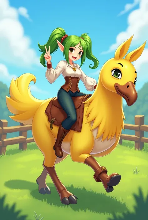 A fantasy character riding a large yellow bird resembling a chocobo in a grassy field. The character is a cheerful elf girl with long green hair tied into twin ponytails, pointed ears, and a friendly smile. She is wearing a white shirt with long sleeves, a...