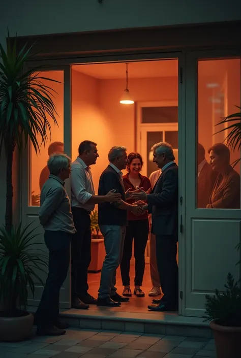 Imagine a small gathering of people inside a residential building happy and greeting each other, With the buildings landlord ,  the color tone of the image must be between matte red and erased green and an image with low exposure 