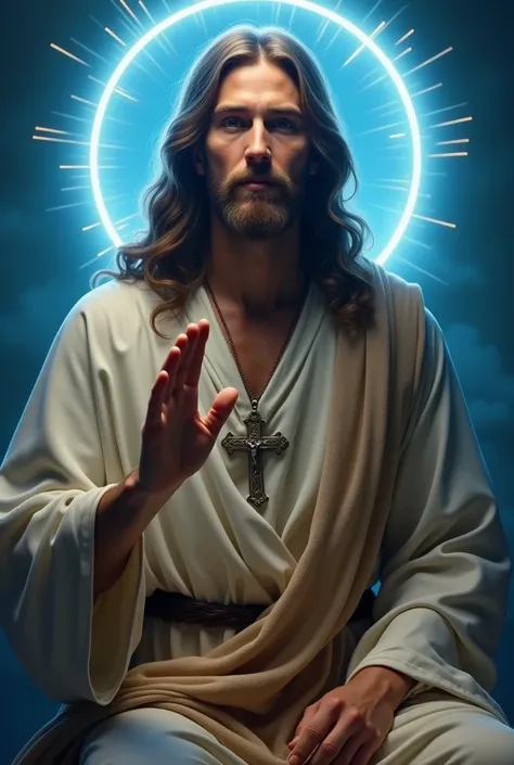 Jesus Christ blessing  and sitting wearing cross with divine circle at the back and divine blue light background close pic 