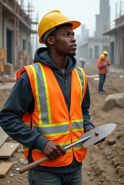 A young black Engineer in bright yellow helmet and a bright yellow reflector holding a trowel facing left