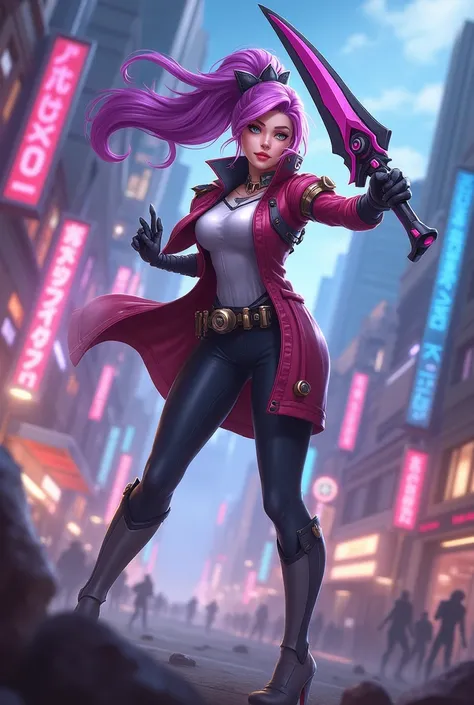 Create an action-packed anime-style artwork of Beatrix, the versatile hero from Mobile Legends. She is depicted in a confident pose, wielding one of her signature weapons (Renner, Bennett, Wesker, or Nibiru) with precision and style. Her outfit combines sl...