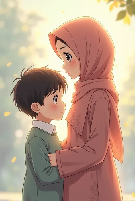 Anime pic. A girl with hijab and a boy with her with the same color clothes 