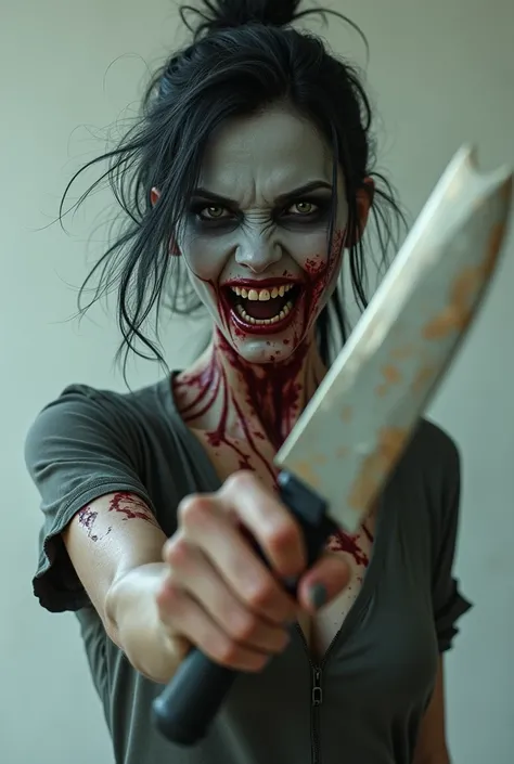 Genre: girly 
Expression :  anger
Damaged gray skin with a cut in the neck 
Zombie 
With a knife in hand
