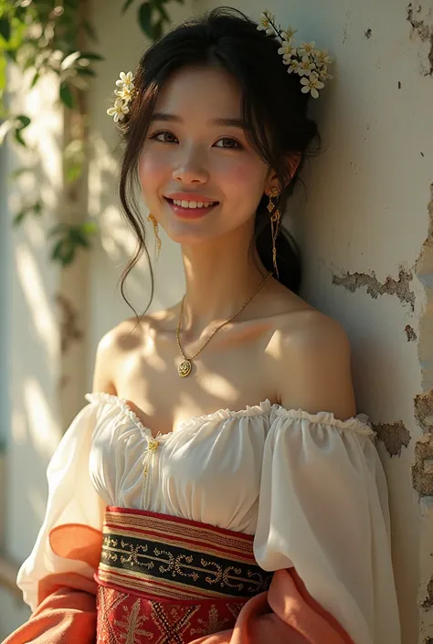 a young Asian woman, probably from Southeast Asia, leaning against a crumbling white wall. She has fair skin and elegantly styled dark brown hair with a bunch of jasmine flowers in her hair. She wears light makeup to highlight her natural beauty with light...