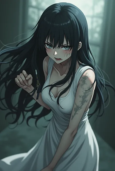 Genre: girly 
Expression : Anger
Damaged gray skin with a cut in the neck 
Clothing :long white dress 
With a knife in hand
Anime
Long black hair
Adult woman 