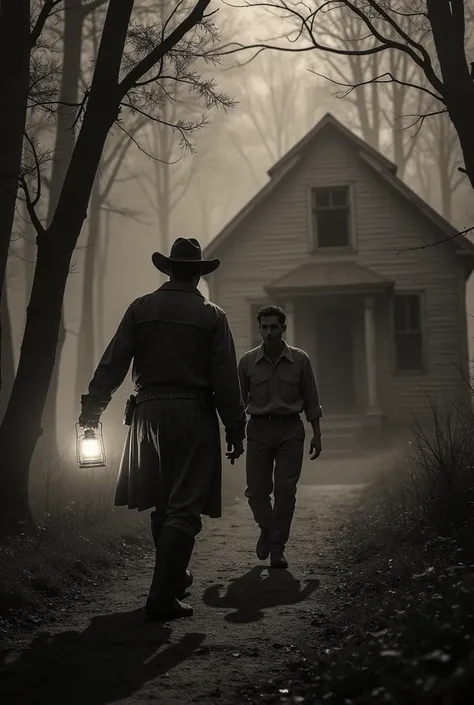 A chilling scene in the dead of night, as a sheriff from the early 1900s, dressed in his worn sheriff uniform and iconic hat, leads a handcuffed man through a dark and misty forest. The sheriffs face is stern and determined, his steps purposeful as he drag...