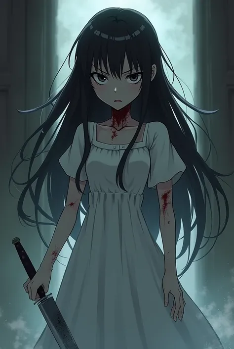 Genre: girly 
Expression : Anger
Damaged gray skin with a cut in the neck 
Clothing :long white dress 
With a knife in hand
Anime
Long black hair
Spirit 
